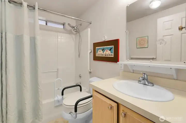 Hall bath is full size and has a tub and shower.