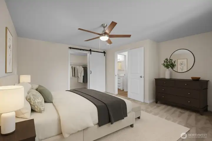 Virtually staged primary bedroom