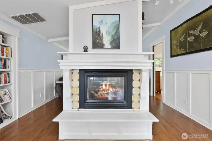 Propane fireplace is double sided. This is from the dining room side. Living room is on the other side.