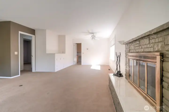 The fireplace adds back up heat source and a mid-century look that enhances the space