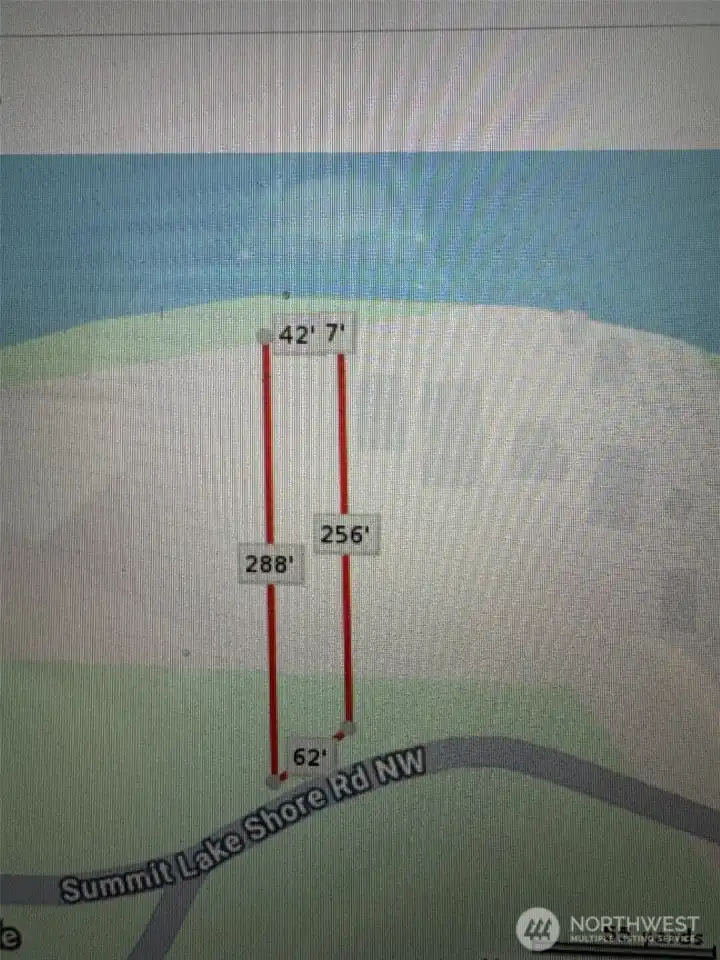 Parcel showing 42.7 on waterfront, 62  ft at road.
