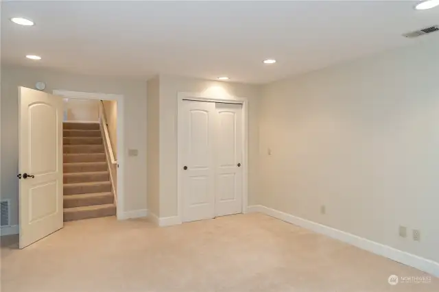 Down to the basement family room!
