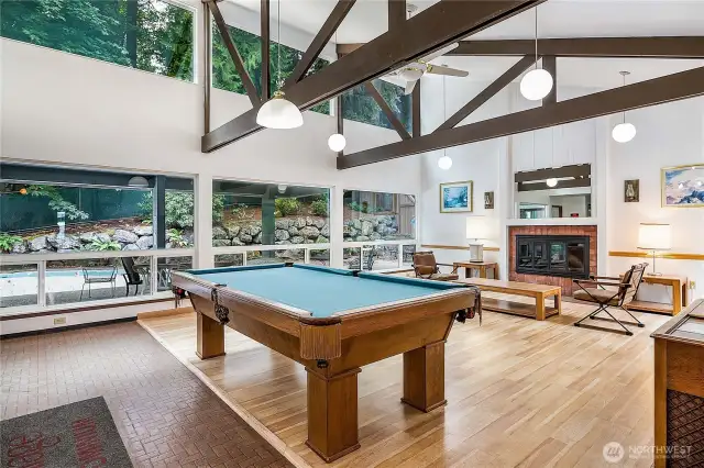 Amenities include spacious party room with fireplace.