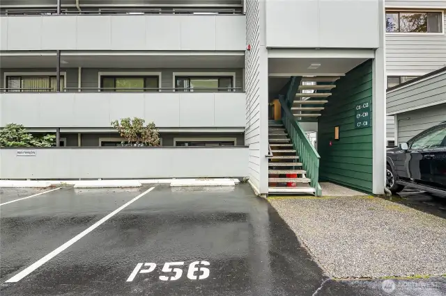 Two parking spaces.  #56 right next to staircase.