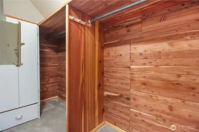 Closet in the first bedroom features cedar-lined organizers.
