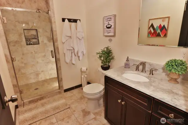 Lower level bath with walk-in shower.