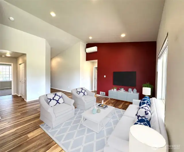 Photo is of virtually staged living room