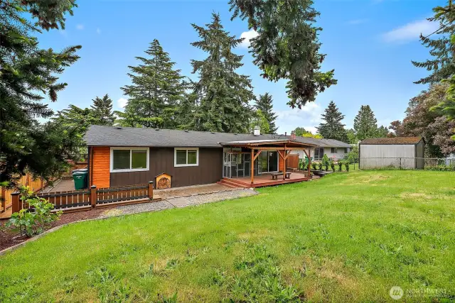 Beautifully maintained backyard and entertainment-ready deck under a canopy of evergreens.