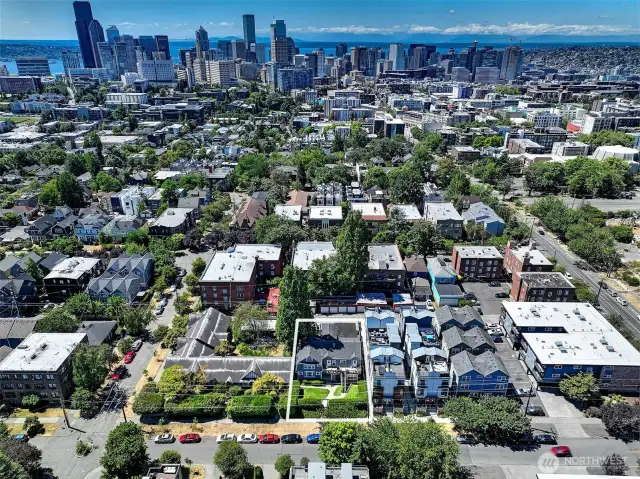 Set on a flat 7,200 SF LR3(M)-zoned parcel with alley access and off-street parking, Laurel Gate sits just one mile from Downtown Seattle and 12 blocks from the Capitol Hill light rail station. This aerial view reveals the property’s commanding position at the junction of Capitol Hill, First Hill, and the Central District—three of Seattle’s most dynamic neighborhoods. An ideal setting for investors seeking stable income now and potential redevelopment in the future.