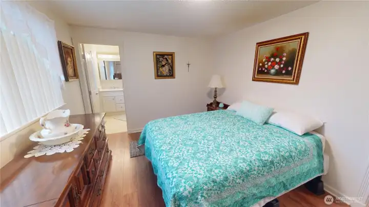 The primary bedroom is large, with great lighting, a view to the back yard, and a 3/4 bath.