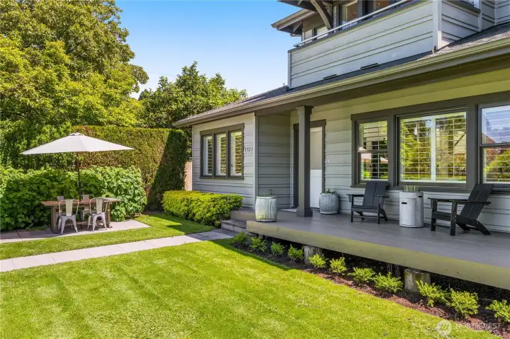 A summertime view, with the hydrangeas just on the brink of bursting with fragrant white blooms.