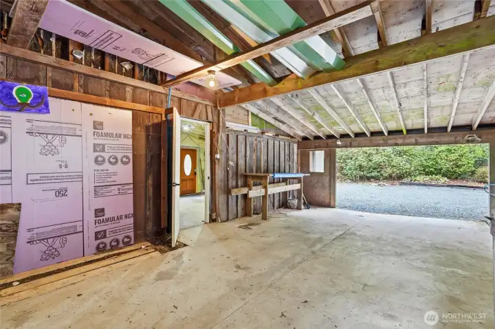 Garage space with storage.