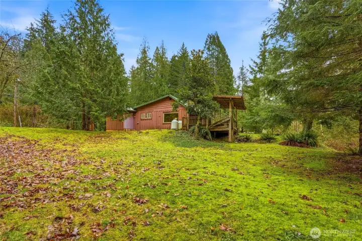 Expansive yard in a beautiful wooded setting.