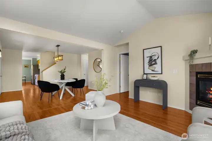 Living room flows into dining room