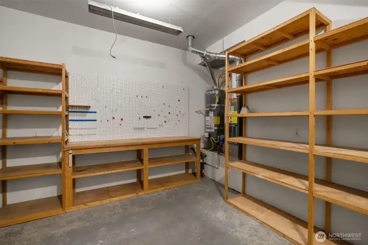 Garage and workbench with plenty of storage