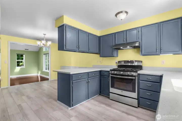 The kitchen looking towrd the dining area and then into the spacious family room.
