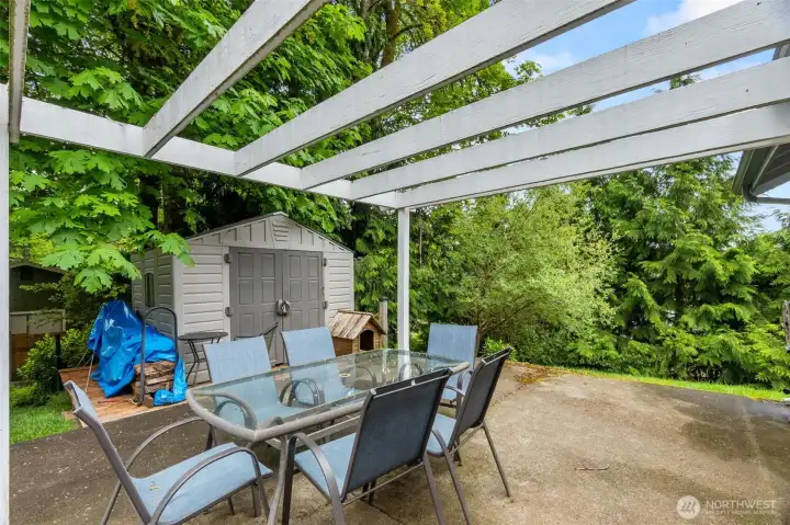 The patio area is outside of the family room.