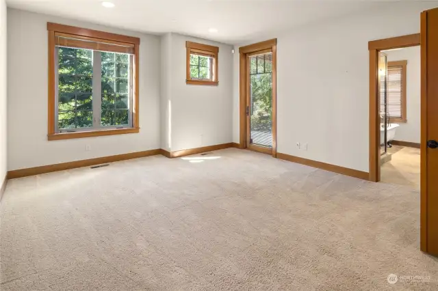 Large primary bedroom on main floor with door out to a covered patio.