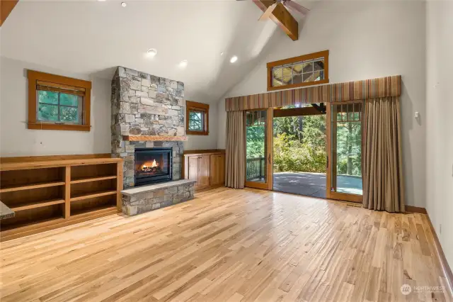 Nice built-ins surround the real stone fireplace.