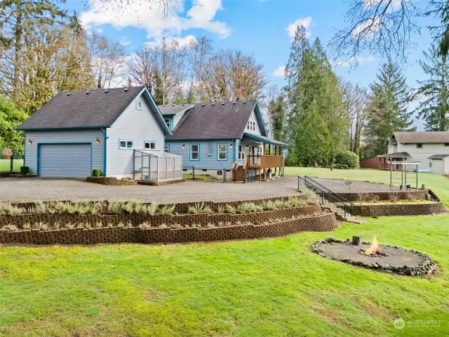 This terraced yard is planted with lavender and rosemary.