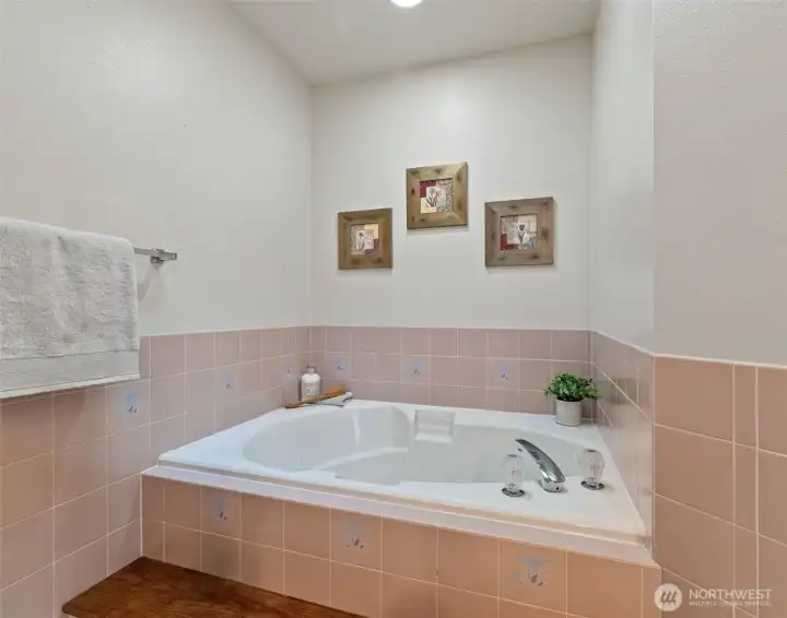 5 piece primary bathroom with jetted soaking tub.