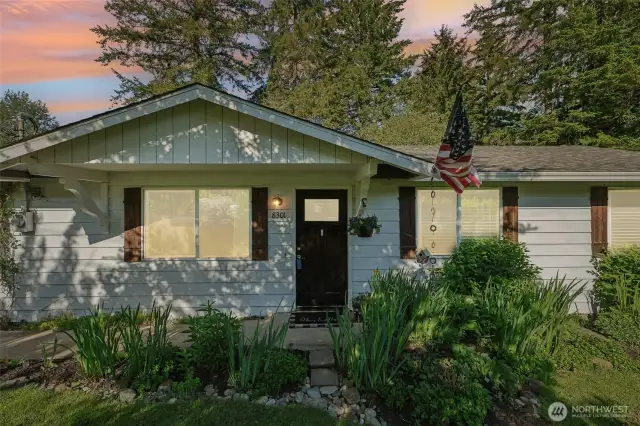 Twilight shot of home's front exterior