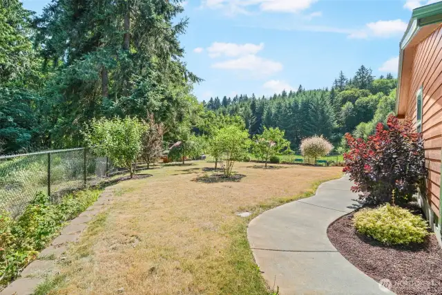 This is a large, fenced area that includes fruit trees and a garden.