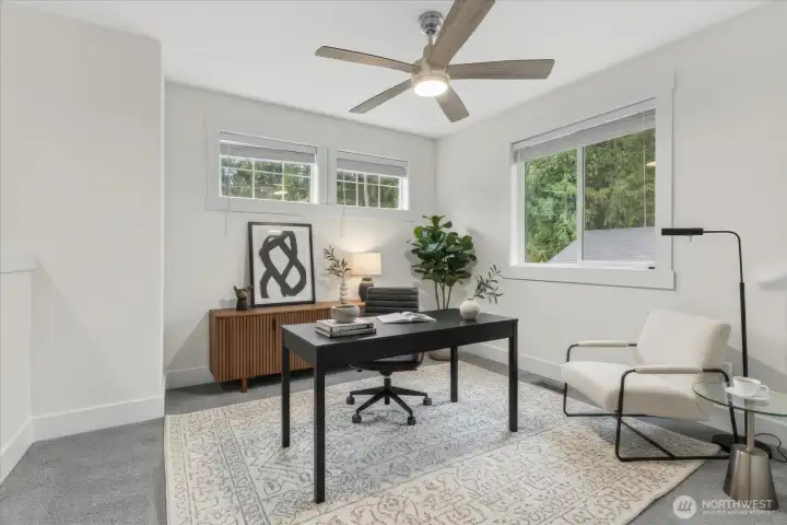 Virtually staged "bedroom 4 / office. The seller removed the closet and created a "pony wall" on left. Simple, affordable to add closet and close-off the wall to re-establish as a bedroom