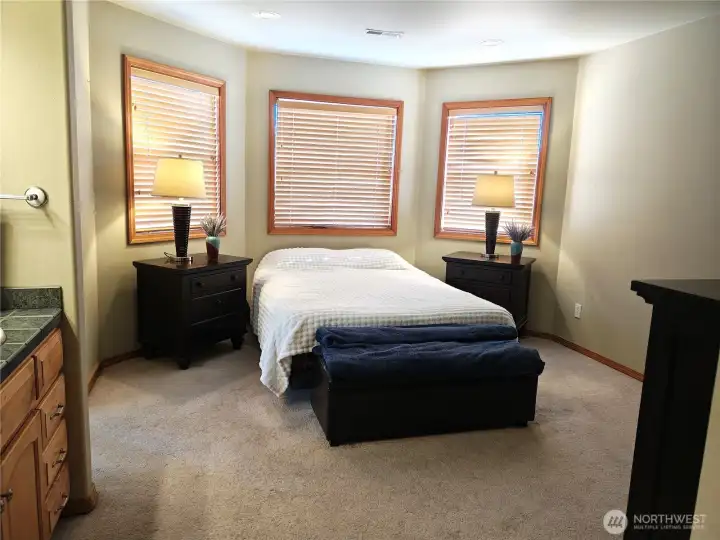 Spacious primary bedroom with views to Mount Baker, Fidalgo Bay etc. Walk-in closet and unique claw foot tub originally from historic Rosario resort on Orcas island
