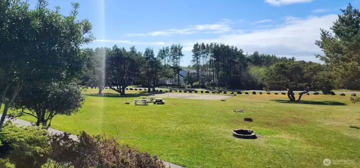 Outdoor rec area with volleyball court/net