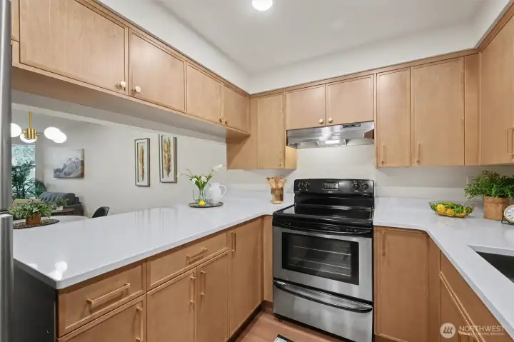 Kitchen with new cabinetry, quartz countertops and lighting