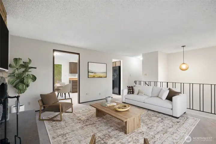 Living room with stone fireplace, fresh paint & carpets! Virtually staged to give you a sense of the potential!
