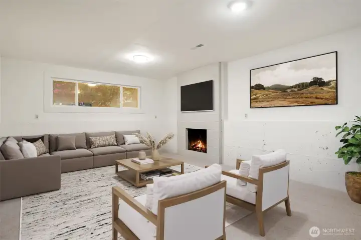 Lower level recreation room with wood burning fireplace. Fresh paint, insulation, lighting & flooring! Virtually staged to demonstrate size and options.