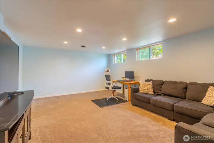 Downstairs finished living space and bonus room for guests or projects.