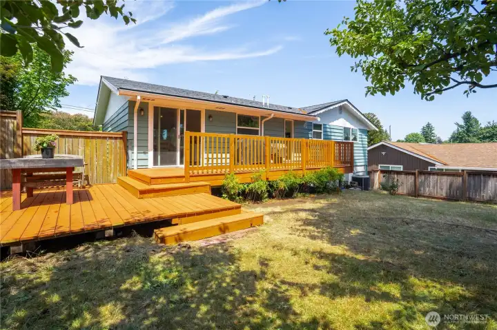 Enormous back yard with mature fruit trees, landscaping, fire pit area with ample sunlight.