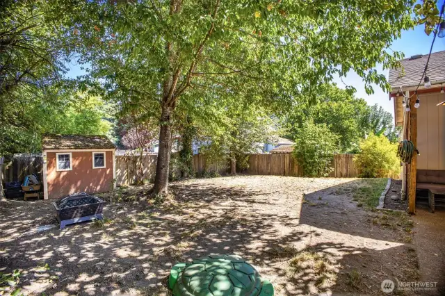 Large lot, fully fenced backyard with storage shed