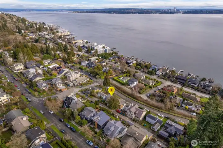The strip of land to the east of the house is a city easement and cannot be built on.