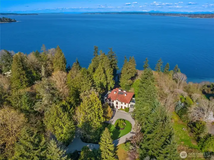 Aerial view of house and Puget sound beyond