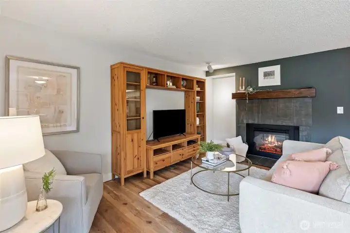 Electric fireplace for ambience and warming.