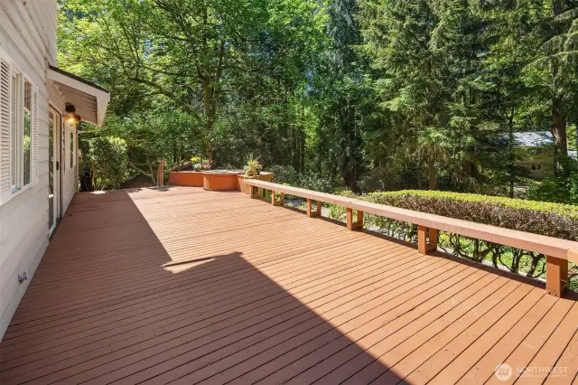 Expansive deck that looks out over the beautiful backyard.