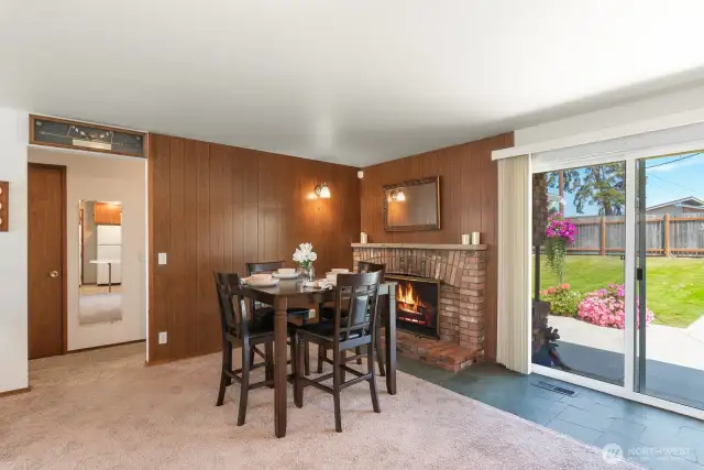Fireplace in cozy dining room