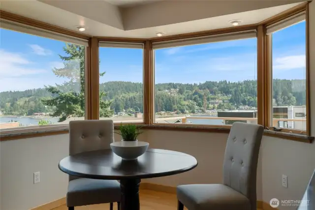Lovely views of Gig Harbor Bay are seen from the nook and kitchen and can also be enjoyed from the expansive front deck.