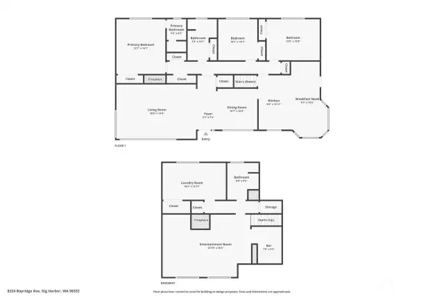 The floor plan of the home's main and lower level