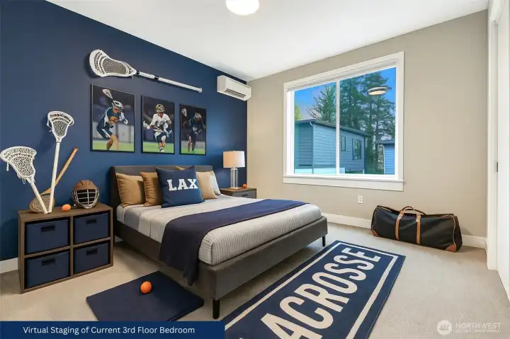 Virtually staged as a lacrosse-themed bedroom to illustrate how this spacious secondary room can inspire any young athlete. Easily accommodates a queen bed, two nightstands, plus wall space for a dresser or desk.