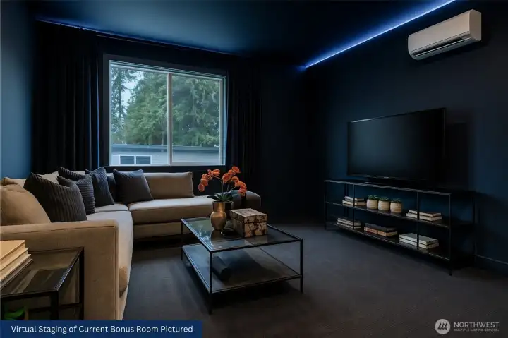 Virtual Staging: Imagine this room as a dramatic navy home theater with blackout drapes and LED lighting for movie nights and gaming.