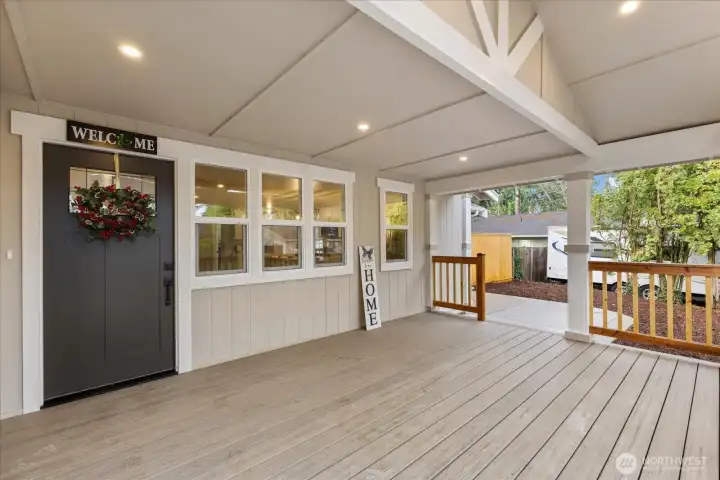 Fully covered, lighted Trek front deck with extended roofing