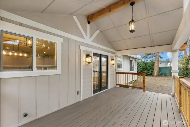 Entertainment Trex, covered, lighted deck  with full wrapped cedar railing