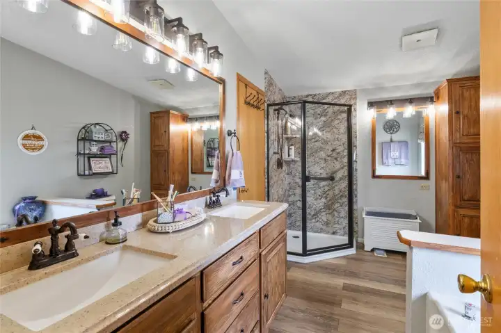 Primary suite bath with new shower, new counters, new flooring!