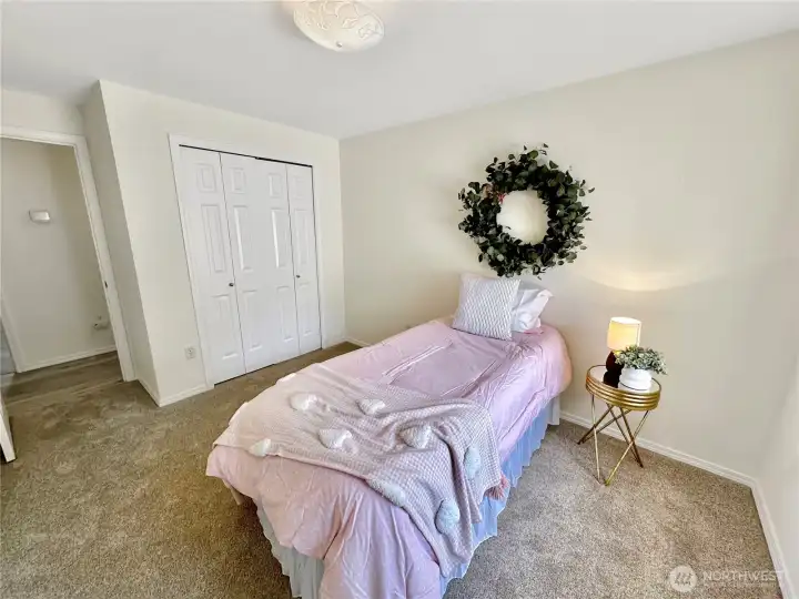 Sunny 2nd bedroom with new carpets.