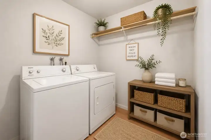 Virtually staged laundry room shows No more laundromat runs or hauling baskets up three flights of stairs. The dedicated laundry room features the included, full-size washer and dryer, overhead shelving for supplies, and its extra space for hobbies or tinkering.